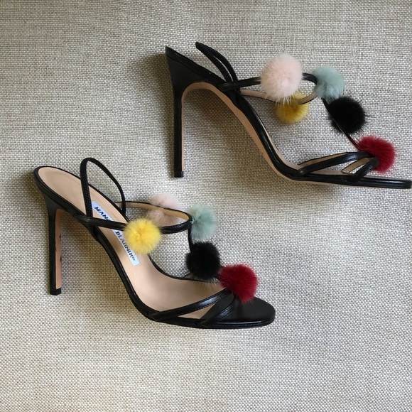 Manolo Blahnik Pom Pom Heels Mink Black Leather 6 - Picture 5 of 7